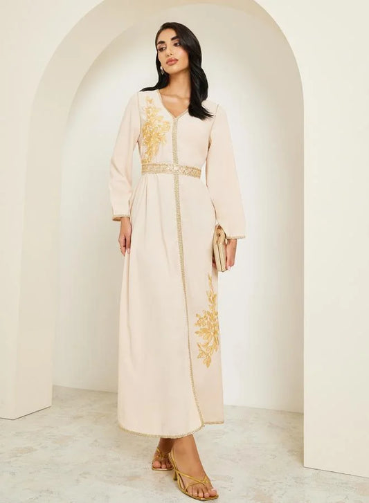 Women Beige Golden Embroidered Kaftan