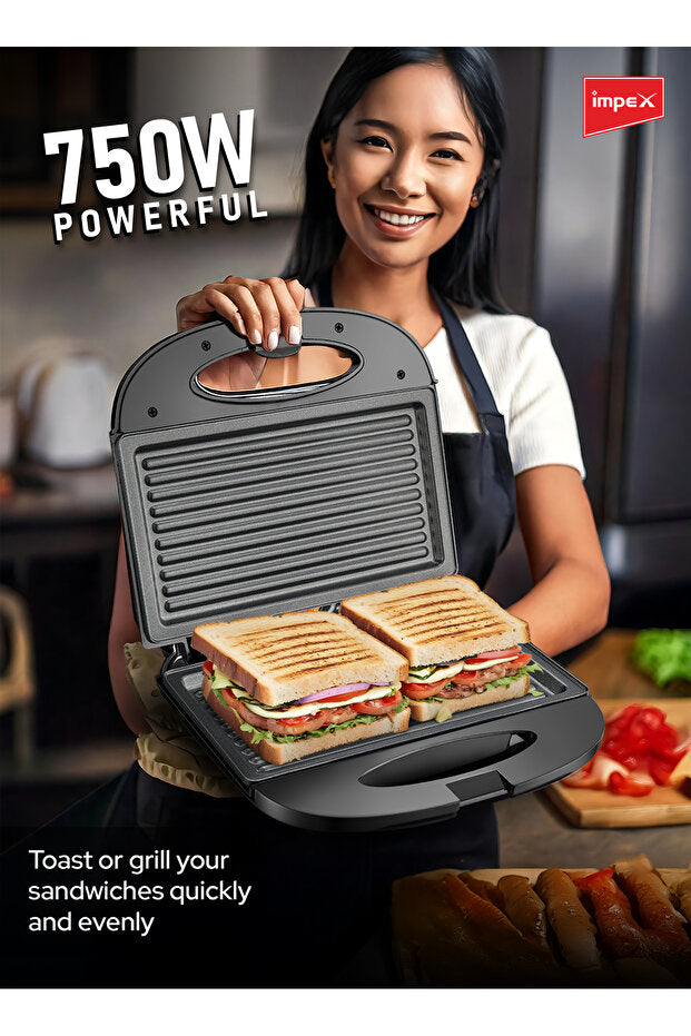 Appareil à sandwichs İMPEX  2 tranches SW 3601 | 750 W | Plaques antiadhésives | Poignée isolante | Voyants lumineux