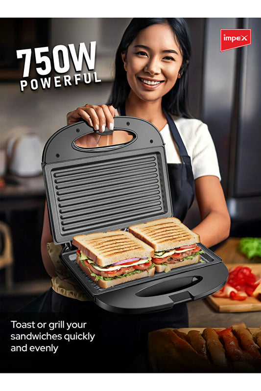 Appareil à sandwichs İMPEX  2 tranches SW 3601 | 750 W | Plaques antiadhésives | Poignée isolante | Voyants lumineux