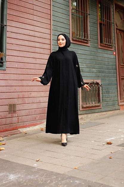 Abaya en soie noire Medina à motif floral pour femme MARQUANT  , avec fermeture éclair à boutonnière, ceinture et poches (style hijab)