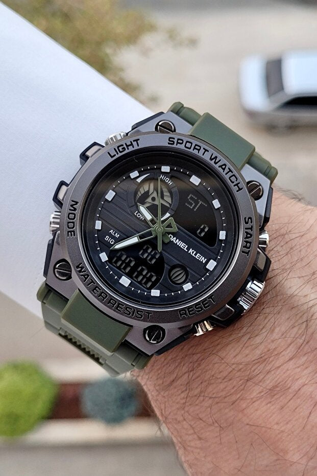 Montre homme Daniel Klein couleur kaki, analogique-numérique, avec emballage cadeau