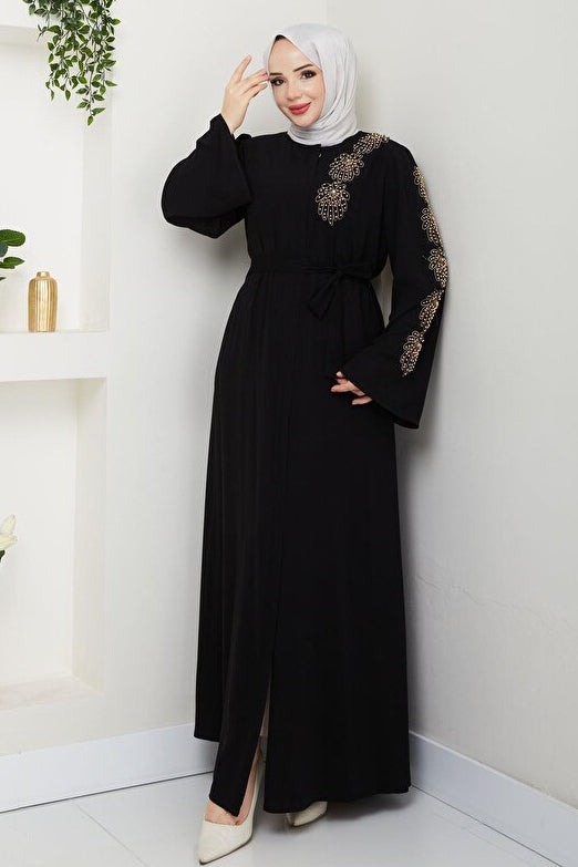 ABAYA ESLEMNUR  À MOTIFS DE PALMIERS ET ORNÉE DE PERLES JAUNES