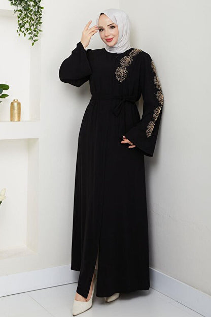 ABAYA ESLEMNUR  À MOTIFS DE PALMIERS ET ORNÉE DE PERLES JAUNES