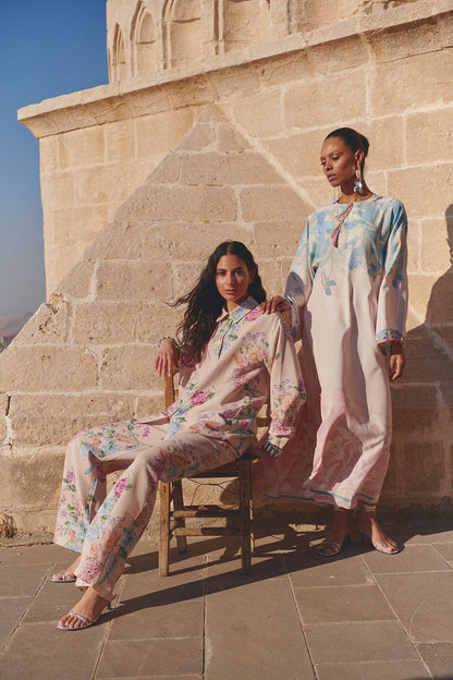 Trendyol Modest Powder Linen Look Spanish Sleeves Belted Print Woven Dress Tctss25Eb00033