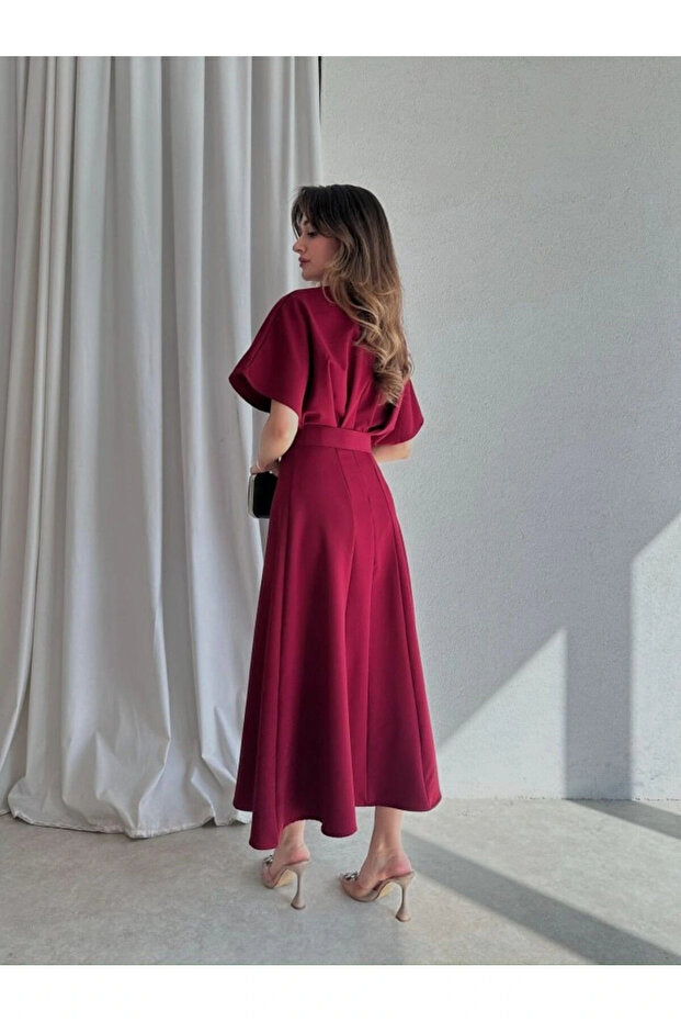 Modisma Belt Detail Midi Dress Burgundy Color Dress