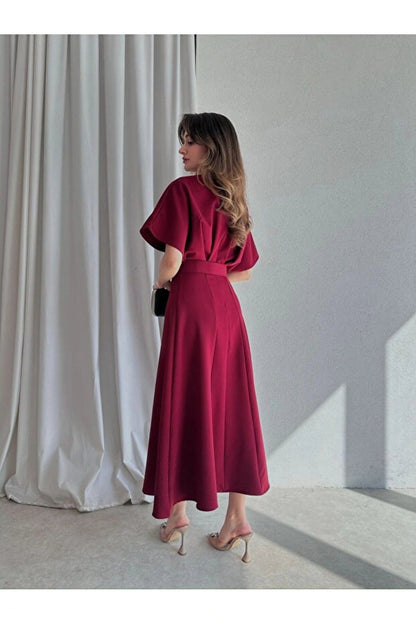 Modisma Belt Detail Midi Dress Burgundy Color Dress