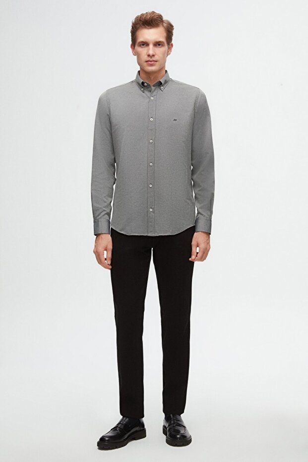 Chemise en coton brodé D'S Damat  Slim Fit Anthracite Oxford à col boutonné, facile à repasser