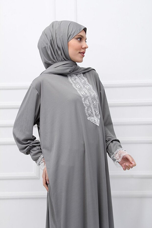 Robe de prière saisonnière en dentelle pour femme de la collection Kutay, avec foulard intégré, tenue de prière respirante