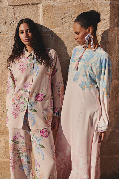 Trendyol Modest Powder Linen Look Spanish Sleeves Belted Print Woven Dress Tctss25Eb00033