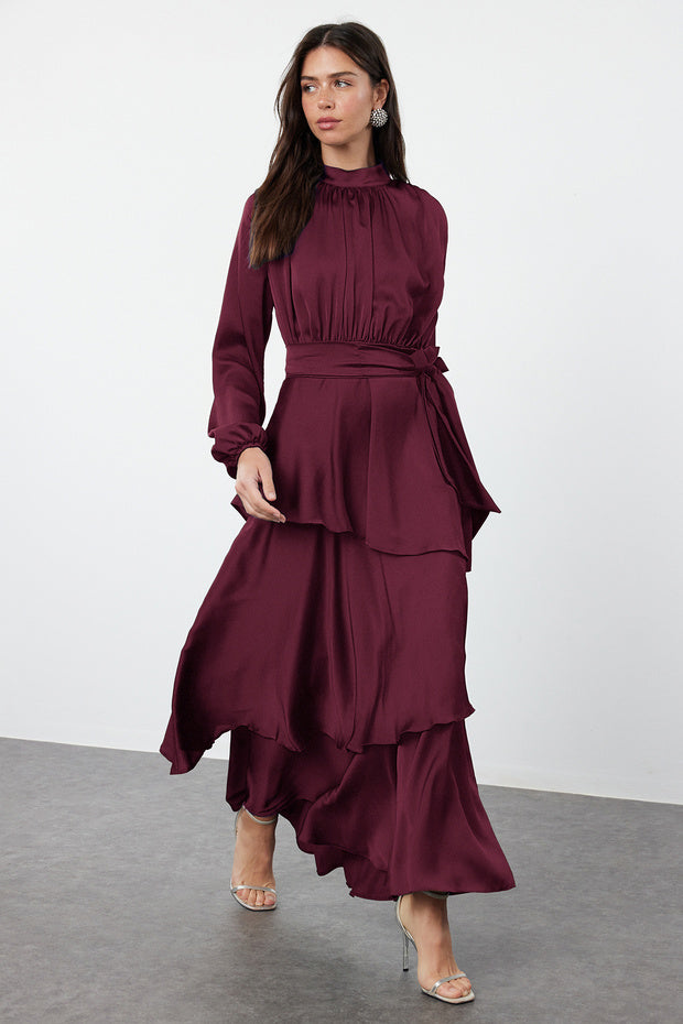 Trendyol Modest Burgundy Skirt Tiered Satin Woven Evening Dress Tctss24Db00050