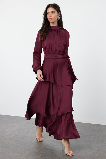 Trendyol Modest Burgundy Skirt Tiered Satin Woven Evening Dress Tctss24Db00050