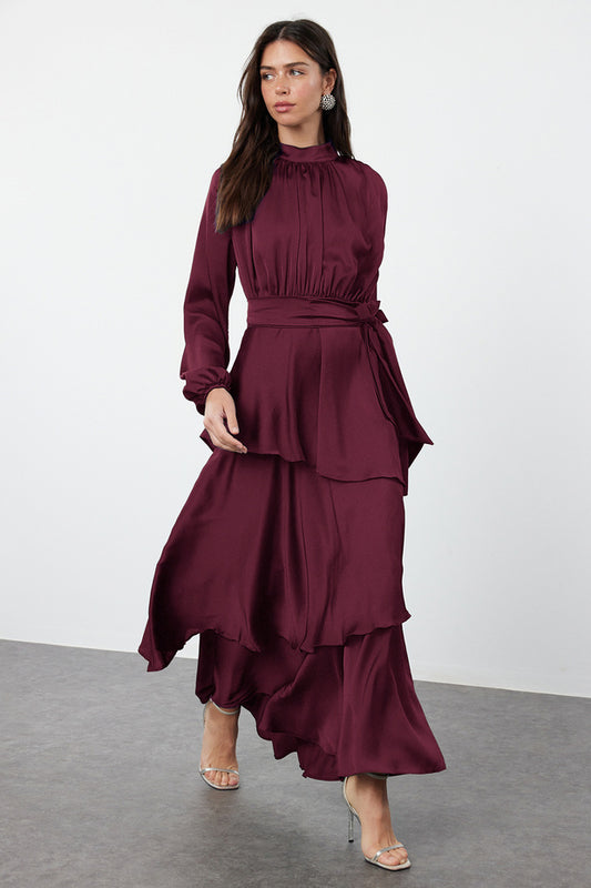 Trendyol Modest Burgundy Skirt Tiered Satin Woven Evening Dress Tctss24Db00050