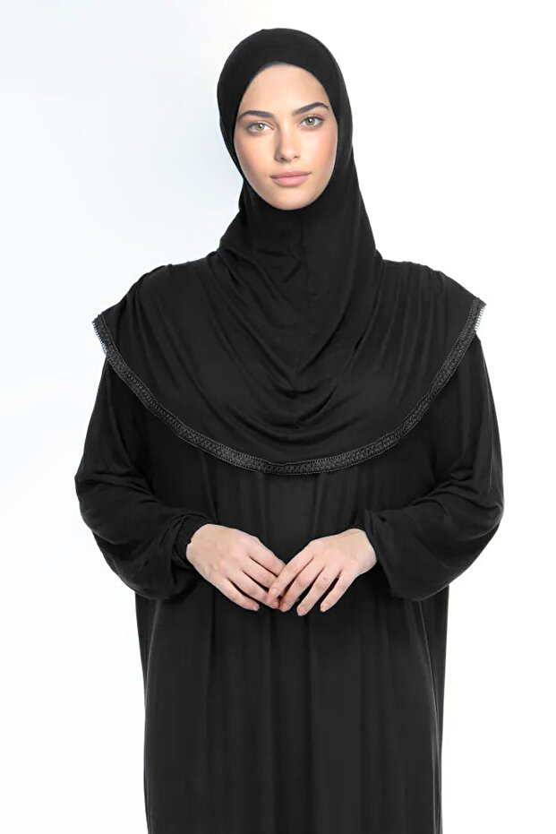 Robe de prière hijab en coton noir avec dentelle, collection automne  , en jersey une pièce.