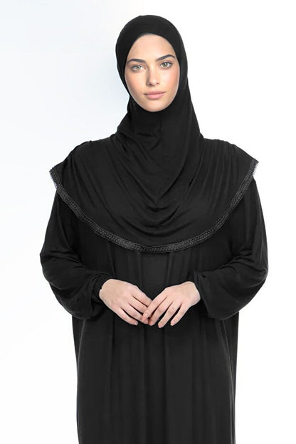 Robe de prière hijab en coton noir avec dentelle, collection automne  , en jersey une pièce.