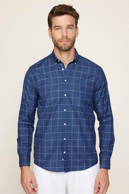 Chemise Tudors  pour homme, coupe classique, col boutonné, petits carreaux, en coton bleu marine