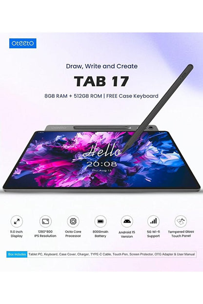 OTEETO TAB 17 Android Tablet, 11-inch Display, 8GB RAM, 512GB Storage, 8000mAh Battery, 5G Wi-Fi, wi