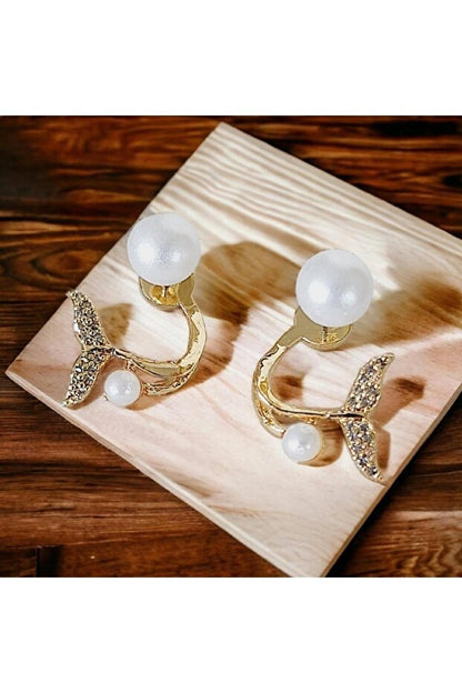 Boucles d'oreilles Toptanhanem  élégantes en forme de queue de poisson, ornées de perles et de zircon, plaquées or | Pour le quotidien, le sport et les occasions spéciales