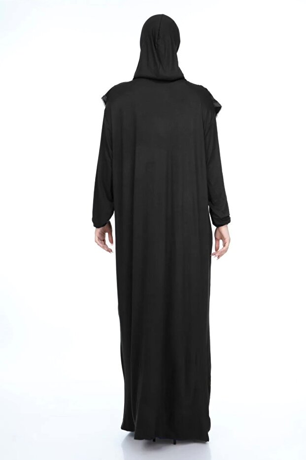 Robe de prière hijab en coton noir avec dentelle, collection automne  , en jersey une pièce.
