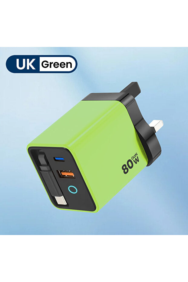 Chargeur de téléphone USB Type-C Choice  Green UK 80 W à charge ultra-rapide avec câble USB-C télescopique pour iPhone 16 et 15 pouces