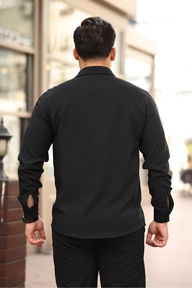 Chemise homme Plus1 demi-coupe oversize à manches longues, facile à repasser, en tissu double face respirant et absorbant la transpiration -801-Noir