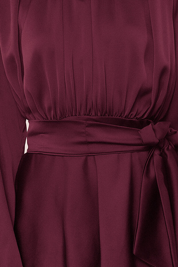 Trendyol Modest Burgundy Skirt Tiered Satin Woven Evening Dress Tctss24Db00050