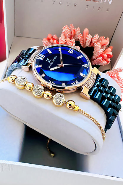 Montre-bracelet pour femme Daniel Klein  Original en verre taillé, bracelet en acier bleu marine étanche - Cadeau Dkby2048C8