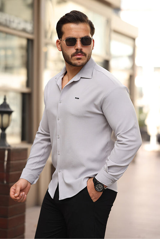 Chemise homme Plus1 demi-coupe oversize à manches longues, facile à repasser, en tissu double face respirant et absorbant la transpiration -801-Noir