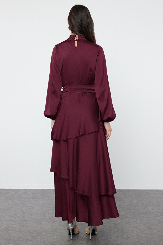 Trendyol Modest Burgundy Skirt Tiered Satin Woven Evening Dress Tctss24Db00050