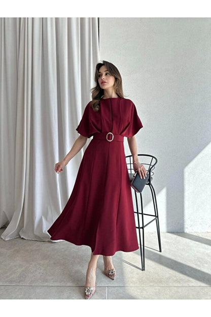 Modisma Belt Detail Midi Dress Burgundy Color Dress