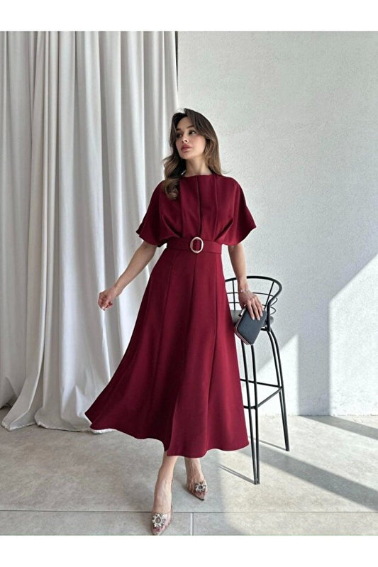 Modisma Belt Detail Midi Dress Burgundy Color Dress