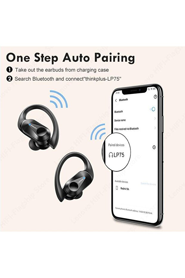 Écouteurs intra-auriculaires de sport Bluetooth LENOVO  Thinkplus LP75 avec indicateur de charge Noir
