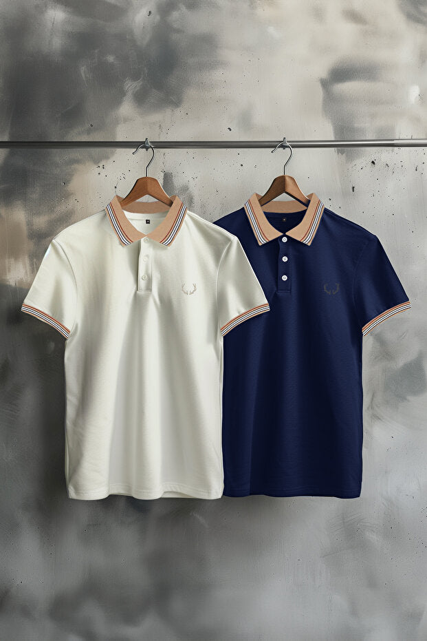 Lot de 2 polos bleu marine et blanc, coupe slim, broderie cerf, 100 % coton, col polo, TMNSS24PO00031
