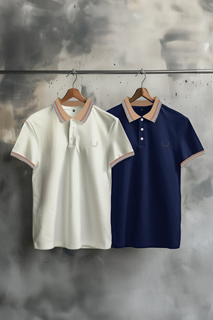 Lot de 2 polos bleu marine et blanc, coupe slim, broderie cerf, 100 % coton, col polo, TMNSS24PO00031