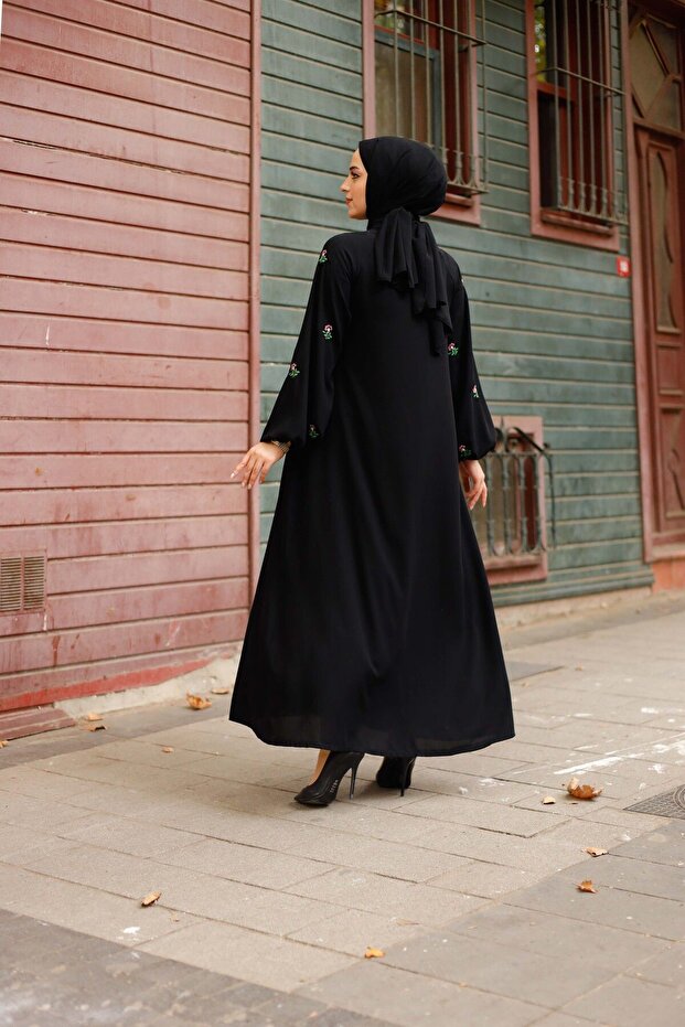 Abaya en soie noire Medina à motif floral pour femme MARQUANT  , avec fermeture éclair à boutonnière, ceinture et poches (style hijab)