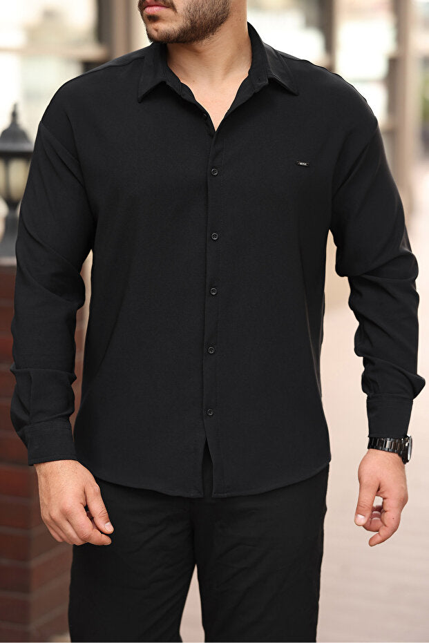 Chemise homme Plus1 demi-coupe oversize à manches longues, facile à repasser, en tissu double face respirant et absorbant la transpiration -801-Noir