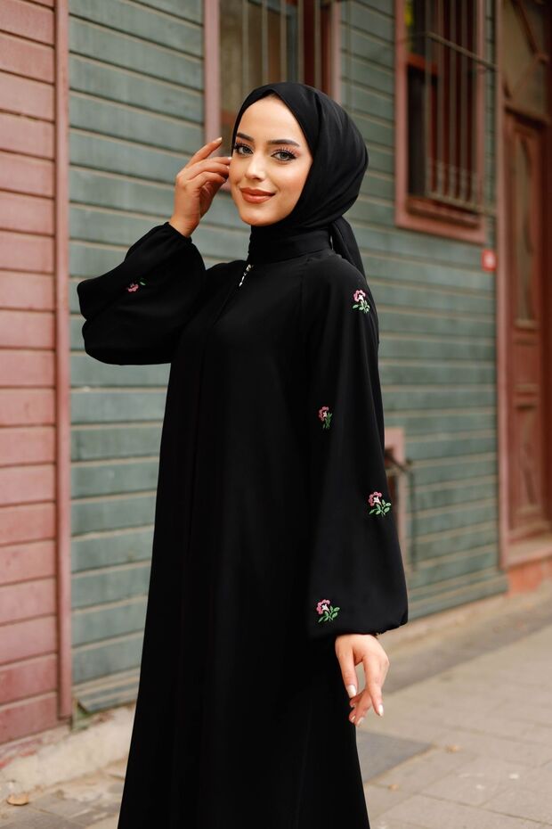 Abaya en soie noire Medina à motif floral pour femme MARQUANT  , avec fermeture éclair à boutonnière, ceinture et poches (style hijab)