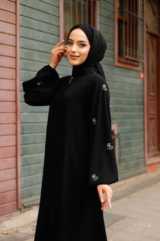 Abaya en soie noire Medina à motif floral pour femme MARQUANT  , avec fermeture éclair à boutonnière, ceinture et poches (style hijab)