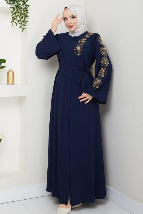 ABAYA  À MOTIFS DE PALMIERS ET ORNÉE DE PERLES JAUNES