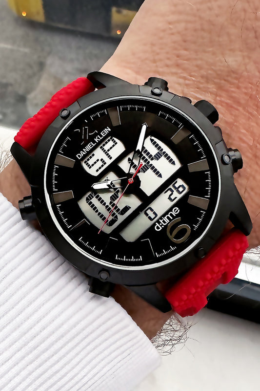 Montre homme Daniel Klein , étanche à 3 ATM, bracelet en silicone rouge, cadeau inclus (DKBH5184C5)