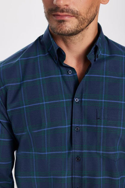Chemise Tudors  pour homme, coupe classique, col boutonné, petits carreaux, en coton bleu marine