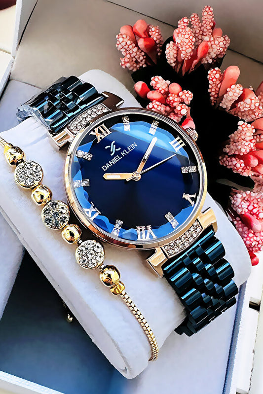Montre-bracelet pour femme Daniel Klein  Original en verre taillé, bracelet en acier bleu marine étanche - Cadeau Dkby2048C8