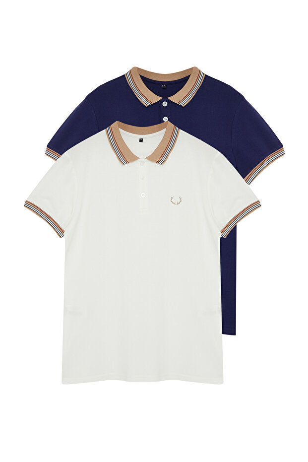 Lot de 2 polos bleu marine et blanc, coupe slim, broderie cerf, 100 % coton, col polo, TMNSS24PO00031