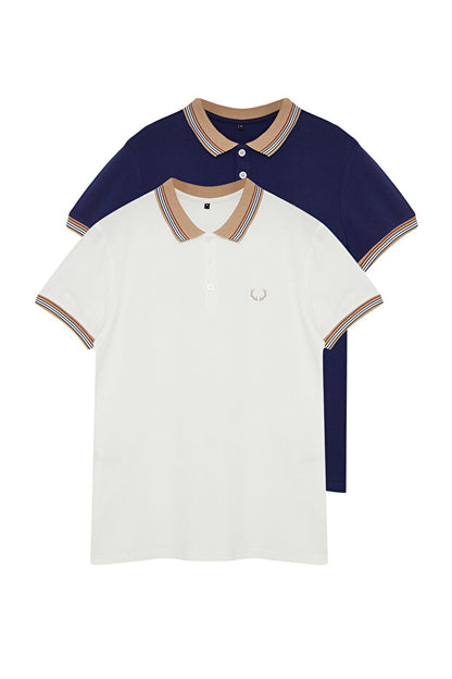 Lot de 2 polos bleu marine et blanc, coupe slim, broderie cerf, 100 % coton, col polo, TMNSS24PO00031