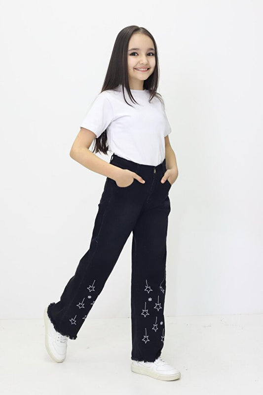 Jeans à jambes larges pour filles RAPIDO LIFE  avec broderie d'étoiles et ourlet à franges (6-12 ans)