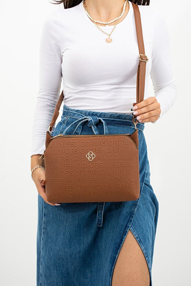 mugalas Tan Text Printed Three Compartment Water Repellent Shoulder Cross Strap Quality Bag