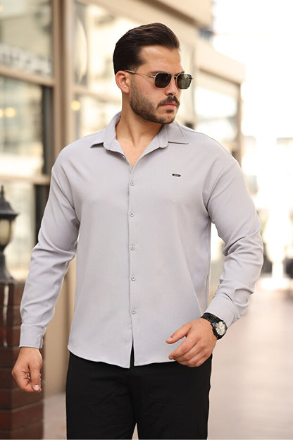 Chemise homme Plus1 demi-coupe oversize à manches longues, facile à repasser, en tissu double face respirant et absorbant la transpiration -801-Noir