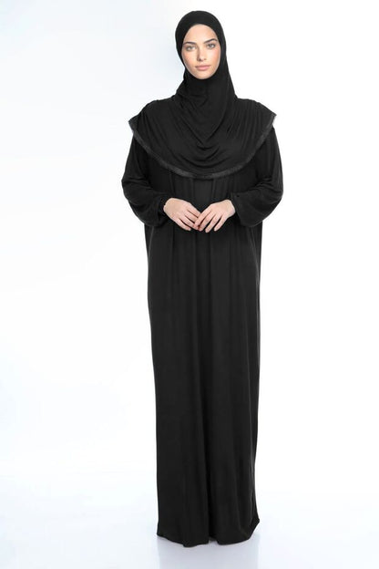 Robe de prière hijab en coton noir avec dentelle, collection automne  , en jersey une pièce.