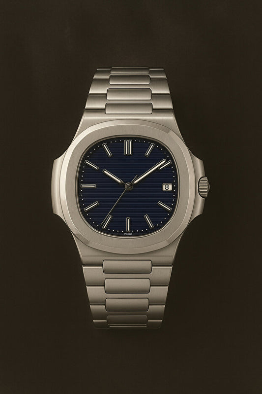 Montre homme en acier inoxydable, boîtier et bracelet en acier.