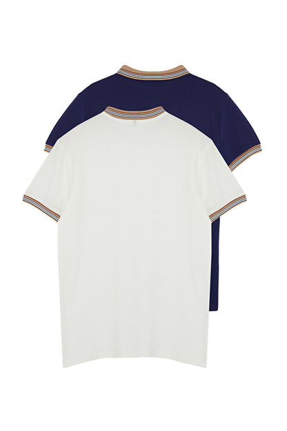Lot de 2 polos bleu marine et blanc, coupe slim, broderie cerf, 100 % coton, col polo, TMNSS24PO00031