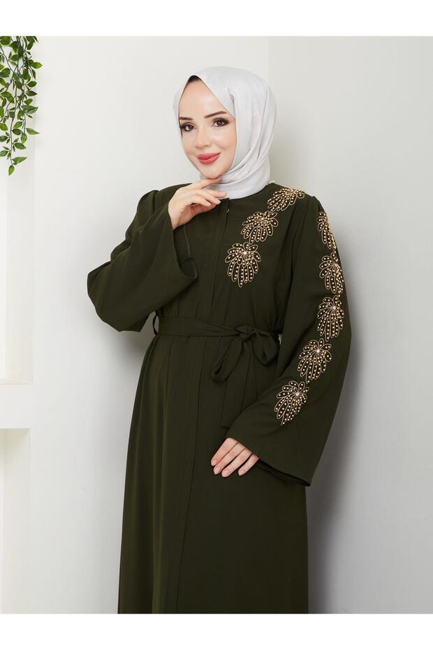 ABAYA ESLEMNUR  À MOTIFS DE PALMIERS ET ORNÉE DE PERLES JAUNES